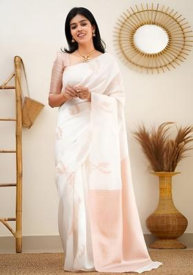 Off White Machine Embroidered Banarasi Soft Silk Saree Set