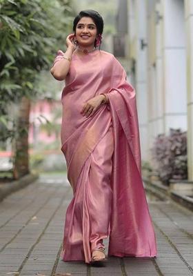 Pink Machine Embroidered Banarasi Soft Silk Saree Set