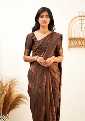 Brown Machine Embroidered Banarasi Soft Silk Saree Set