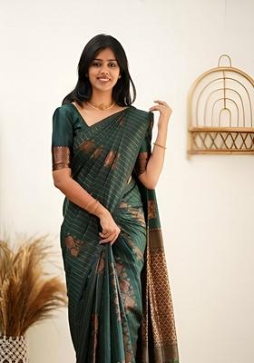 Green Machine Embroidered Banarasi Soft Silk Saree Set