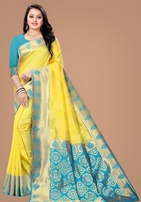 Yellow Machine Embroidered Banarasi Soft Silk Saree Set