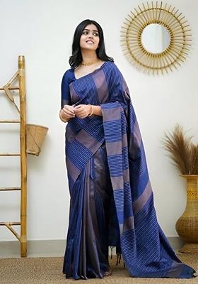 Blue Machine Embroidered Lichi Silk Saree Set