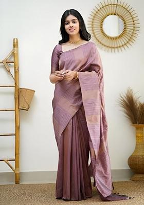 Mauve Machine Embroidered Lichi Silk Saree Set