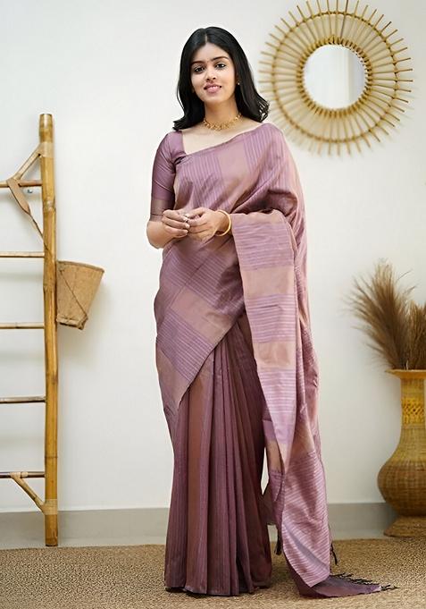 Mauve Machine Embroidered Lichi Silk Saree Set