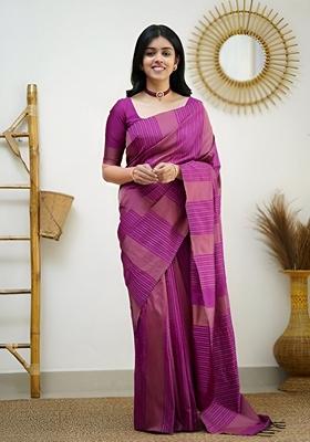 Pink Machine Embroidered Lichi Silk Saree Set