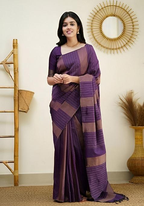 Purple Machine Embroidered Lichi Silk Saree Set