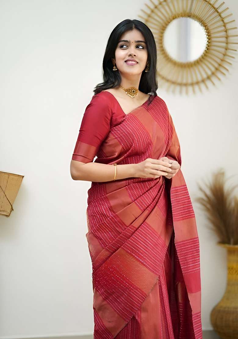 Red Machine Lichi Silk Blend Saree Set with Embroidered for Diwali | Wedding & Festive Wear - Indya