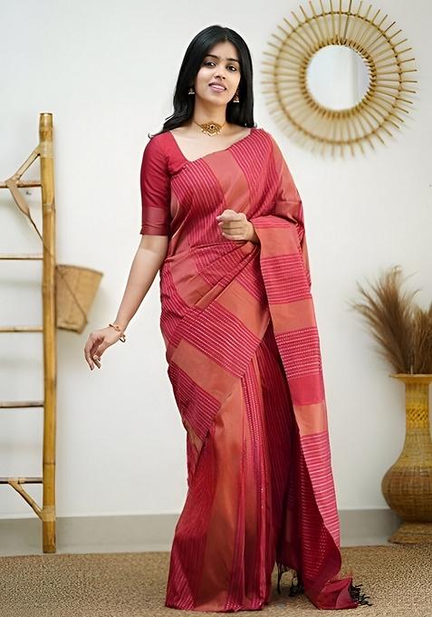 Red Machine Embroidered Lichi Silk Saree Set