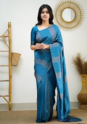Sky Blue Machine Embroidered Lichi Silk Saree Set