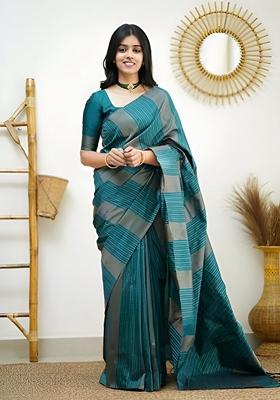 Teal Machine Embroidered Lichi Silk Saree Set