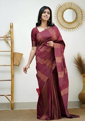 Wine Machine Embroidered Lichi Silk Saree Set