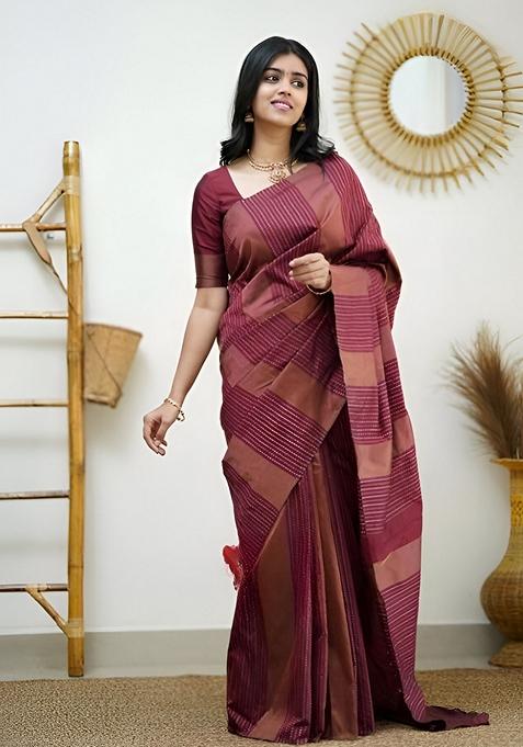 Wine Machine Embroidered Lichi Silk Saree Set