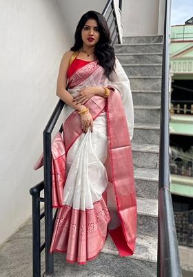 White Machine Embroidered Lichi Silk Saree Set