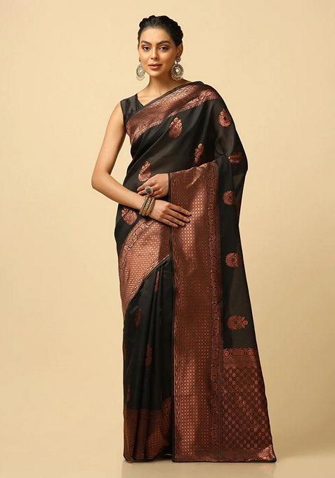 Black Machine Embroidered Lichi Silk Saree Set