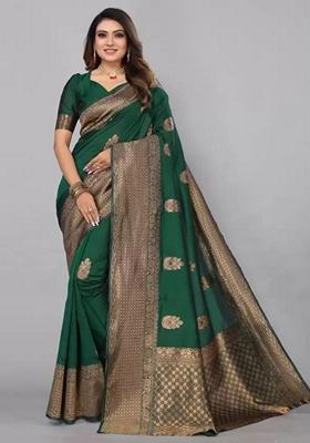 Green Machine Embroidered Lichi Silk Saree Set