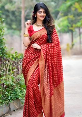 Red Machine Embroidered Lichi Silk Saree Set