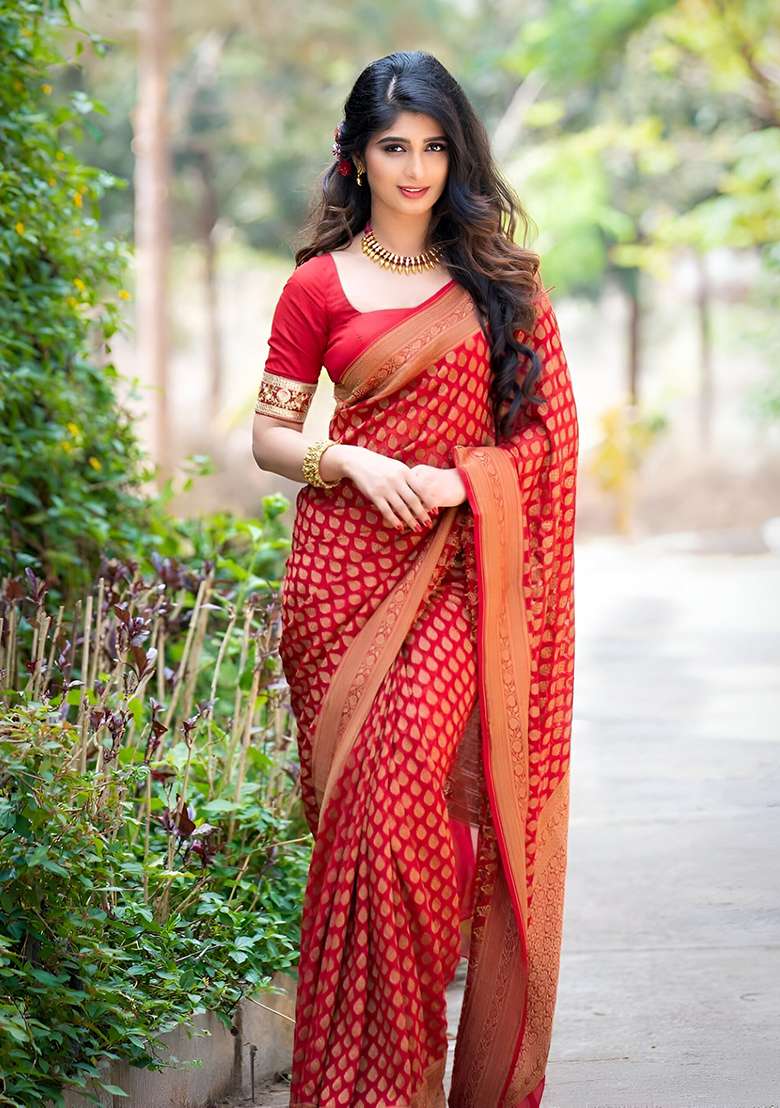 Red Machine Lichi Silk Blend Saree Set with Embroidered for Diwali | Wedding & Festive Wear - Indya