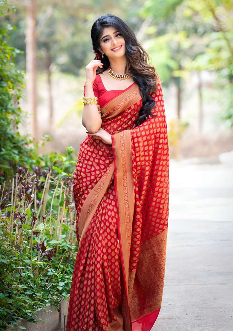 Red Machine Lichi Silk Blend Saree Set with Embroidered for Diwali | Wedding & Festive Wear - Indya