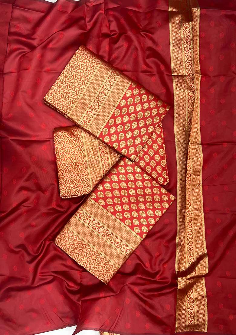 Red Machine Lichi Silk Blend Saree Set with Embroidered for Diwali | Wedding & Festive Wear - Indya