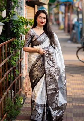 White Machine Embroidered Lichi Silk Saree Set