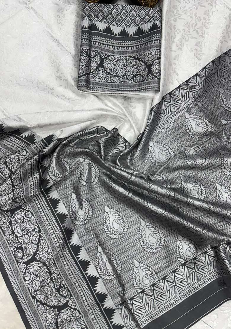White Machine Lichi Silk Blend Saree Set with Embroidered for Diwali | Wedding & Festive Wear - Indya