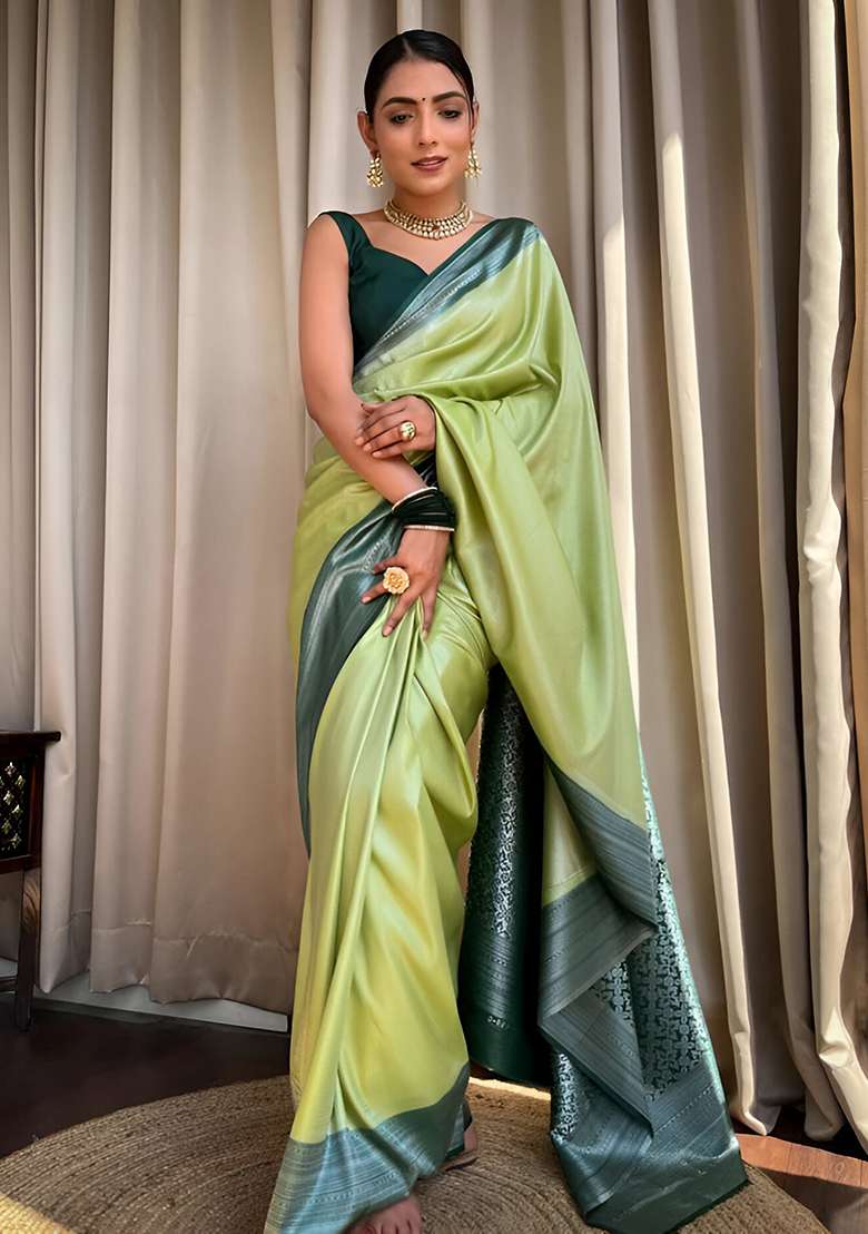 Green Machine Embroidered Lichi Silk Blend Saree Set for Diwali and Festive Wear - Indya