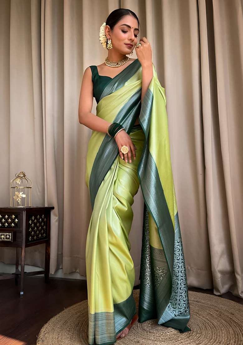 Green Machine Embroidered Lichi Silk Blend Saree Set for Diwali and Festive Wear - Indya