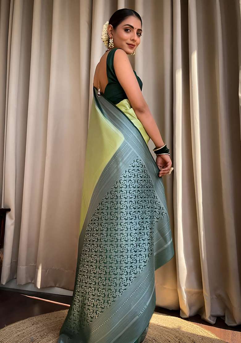 Green Machine Embroidered Lichi Silk Blend Saree Set for Diwali and Festive Wear - Indya