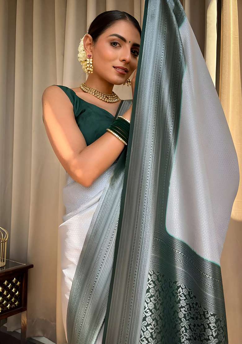 Grey Machine Embroidered Lichi Silk Blend Saree Set for Diwali and Festive Wear - Indya