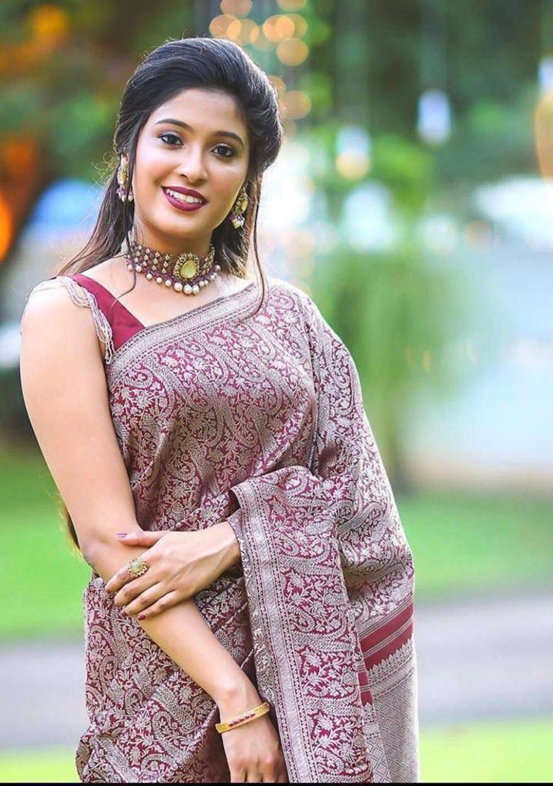 Magenta Machine Embroidered Lichi Silk Saree Set