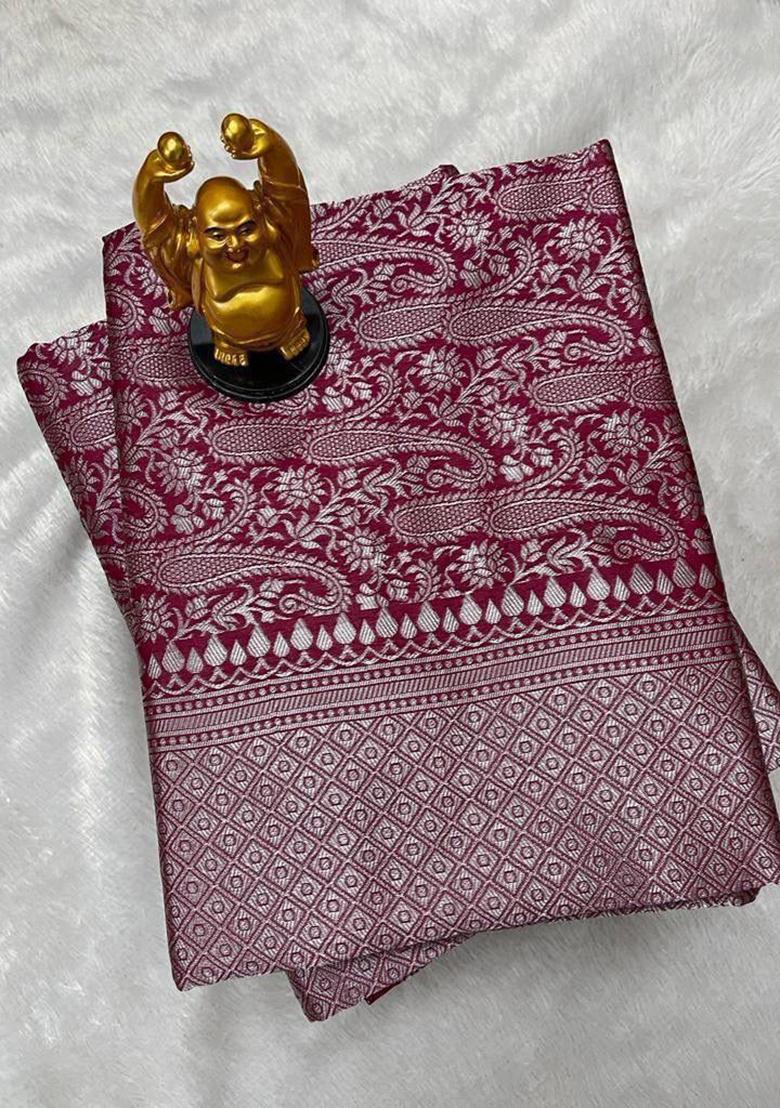 Magenta Machine Embroidered Lichi Silk Saree Set