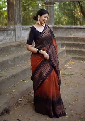 Orange Machine Embroidered Linen Cotton Saree Set