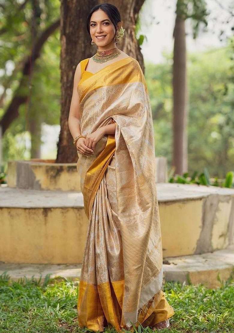 Cream Machine Lichi Silk Blend Saree Set with Embroidered for Diwali | Wedding & Festive Wear - Indya