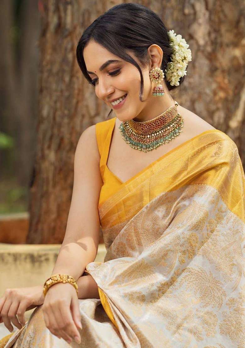 Cream Machine Lichi Silk Blend Saree Set with Embroidered for Diwali | Wedding & Festive Wear - Indya