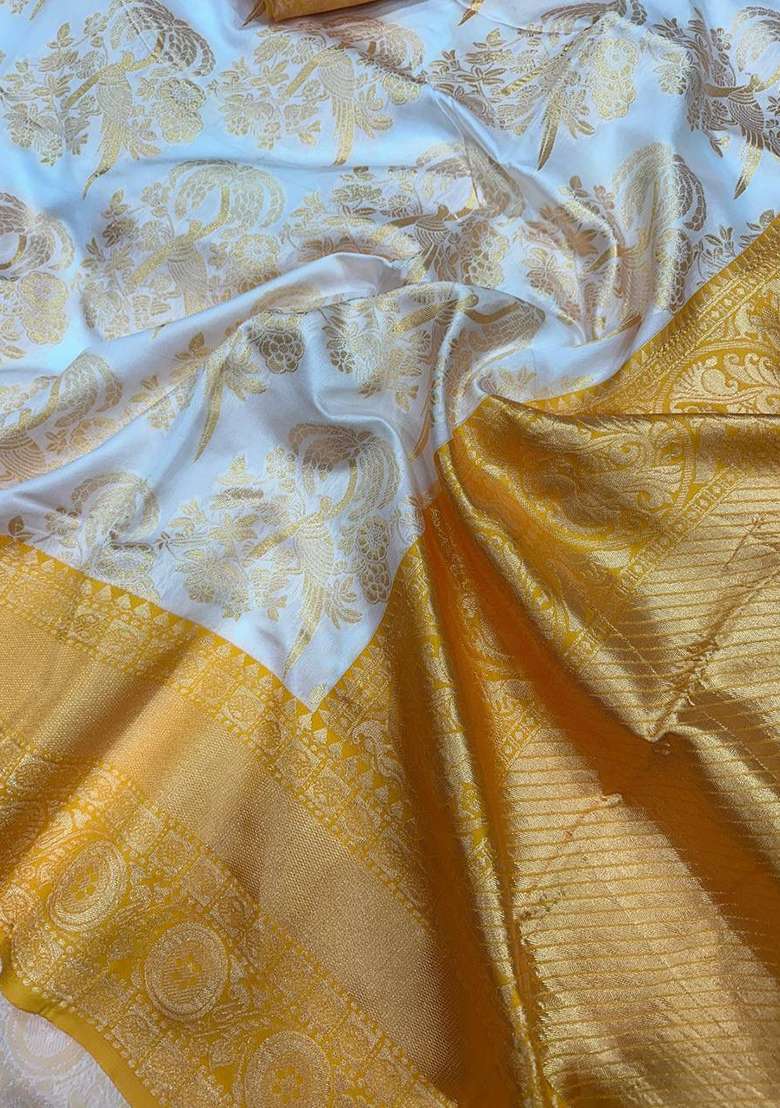 Cream Machine Lichi Silk Blend Saree Set with Embroidered for Diwali | Wedding & Festive Wear - Indya
