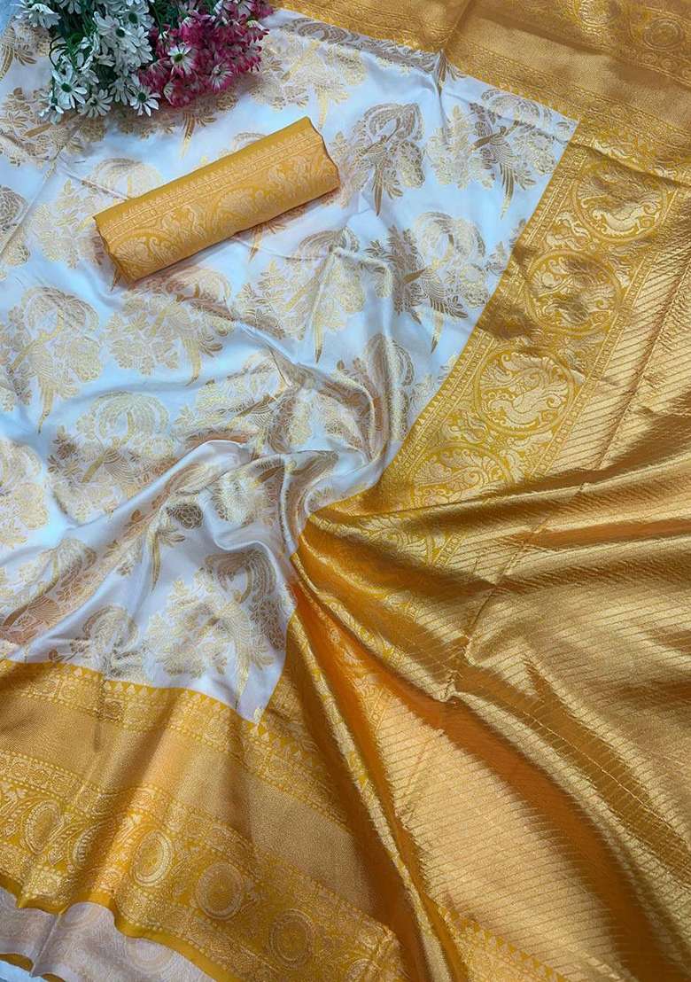 Cream Machine Lichi Silk Blend Saree Set with Embroidered for Diwali | Wedding & Festive Wear - Indya