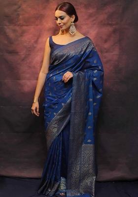 Blue Machine Embroidered Lichi Silk Saree Set