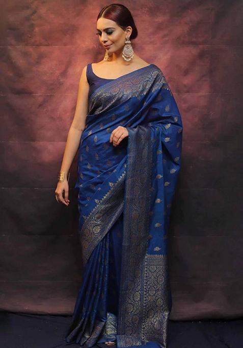 Blue Machine Embroidered Lichi Silk Saree Set