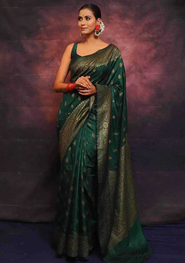Green Machine Embroidered Lichi Silk Blend Saree Set for Diwali and Festive Wear - Indya