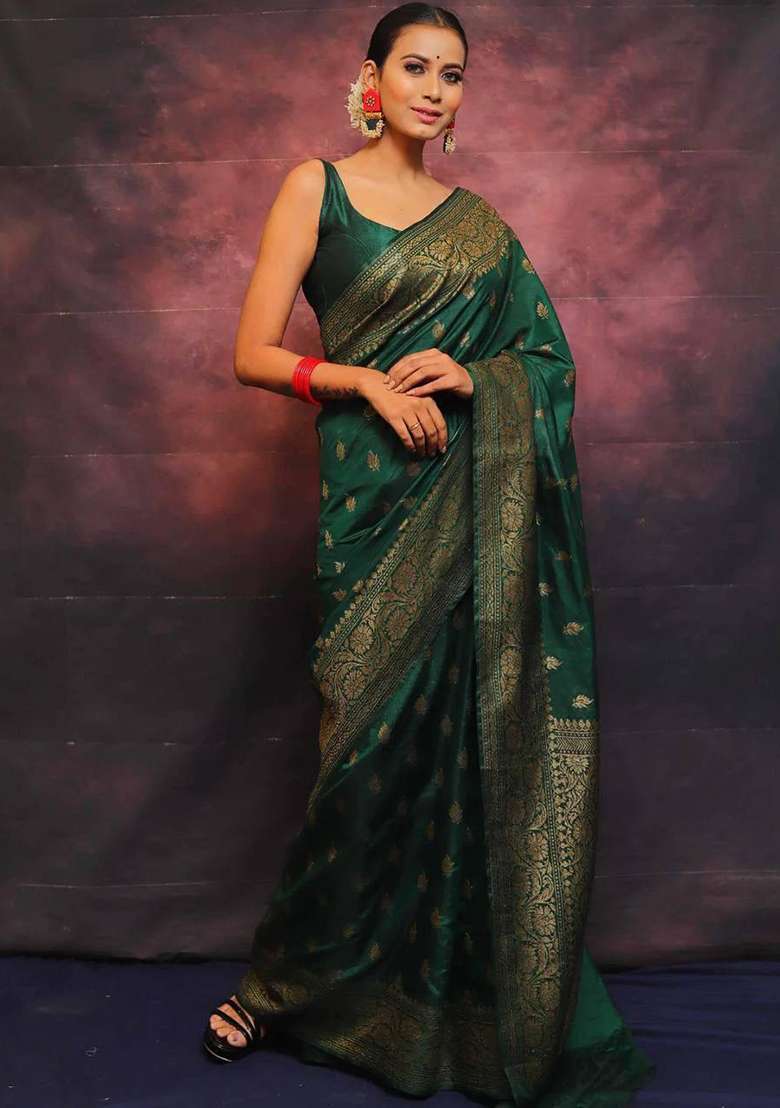 Green Machine Embroidered Lichi Silk Blend Saree Set for Diwali and Festive Wear - Indya