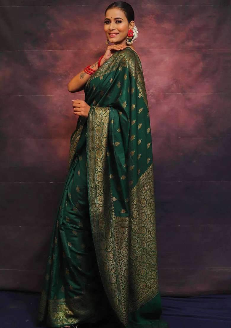 Green Machine Embroidered Lichi Silk Blend Saree Set for Diwali and Festive Wear - Indya