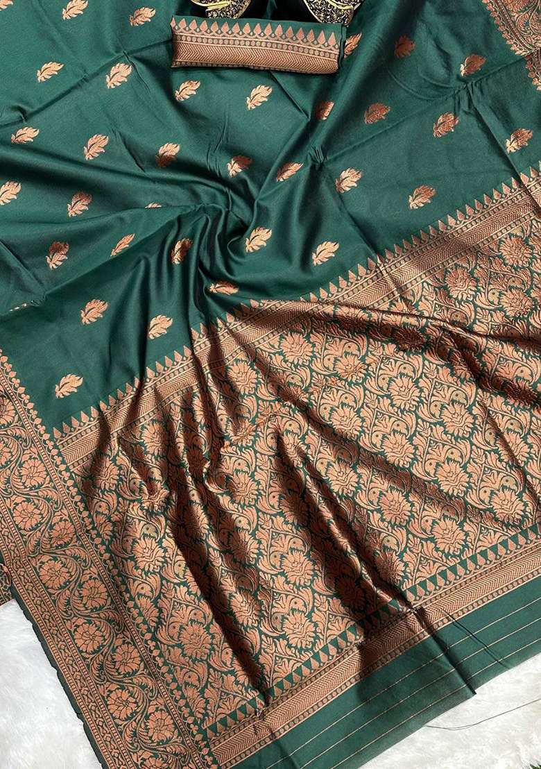Green Machine Embroidered Lichi Silk Blend Saree Set for Diwali and Festive Wear - Indya