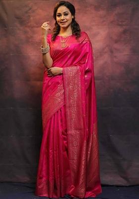 Pink Machine Embroidered Lichi Silk Saree Set