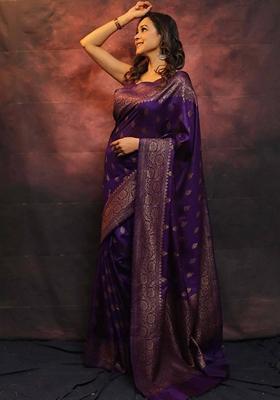 Purple Machine Embroidered Lichi Silk Saree Set