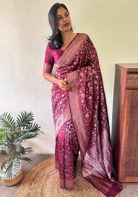 Wine Machine Embroidered Lichi Silk Saree Set