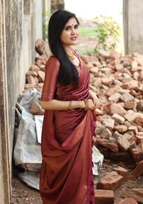 Maroon Machine Embroidered Lichi Silk Saree Set