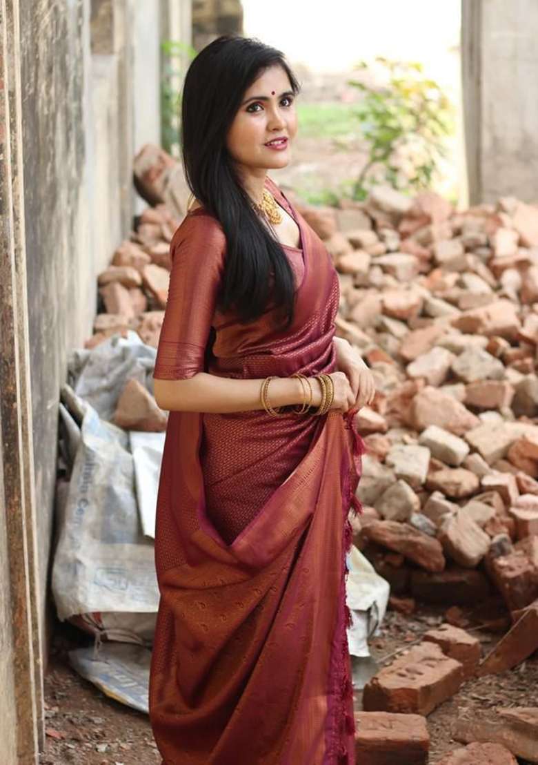 Maroon Machine Embroidered Lichi Silk Blend Saree Set for Diwali and Festive Wear - Indya