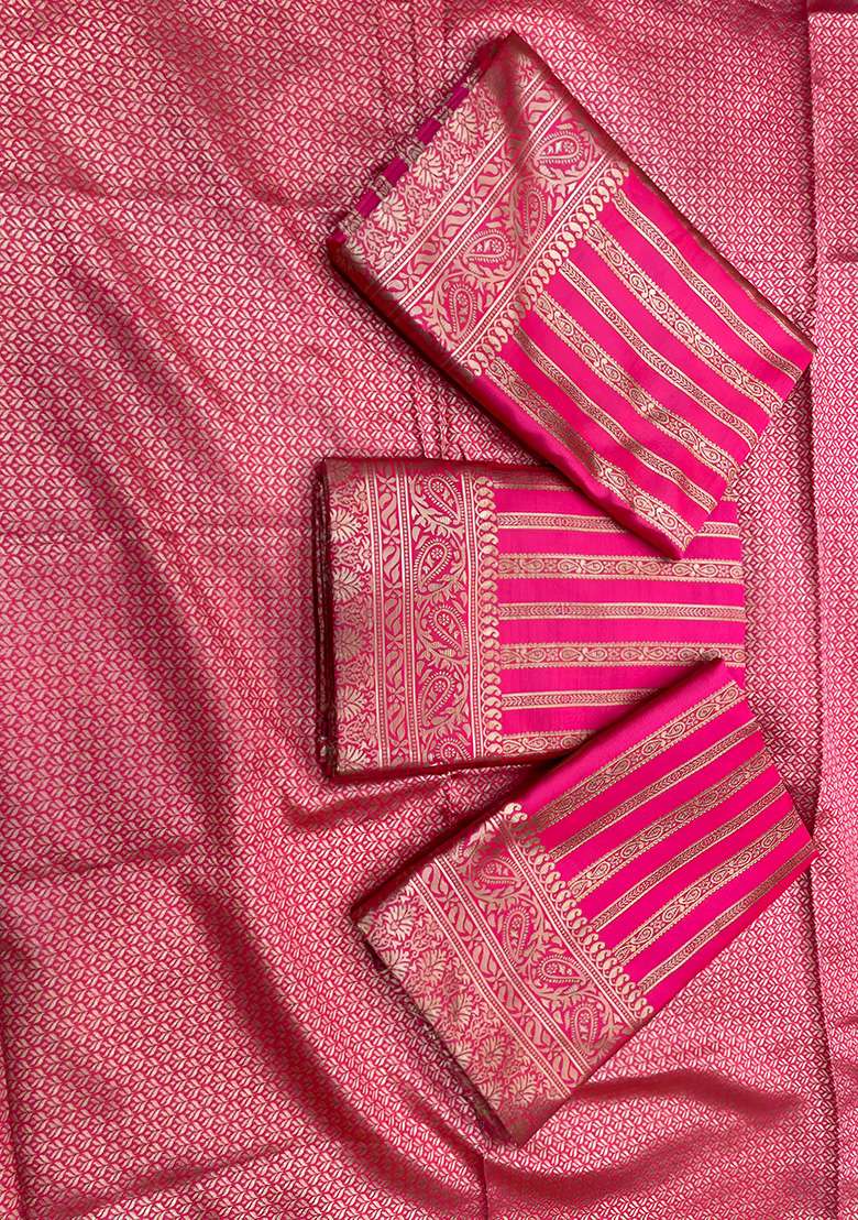 Pink Machine Embroidered Lichi Silk Blend Saree Set for Diwali and Festive Wear - Indya