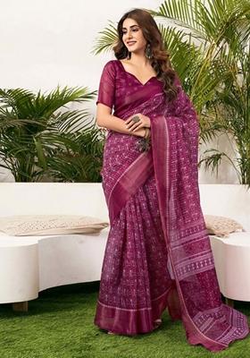 Wine Machine Embroidered Dola Silk Saree Set