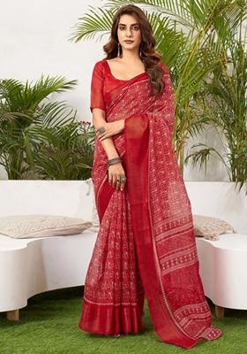 Red Machine Embroidered Dola Silk Saree Set